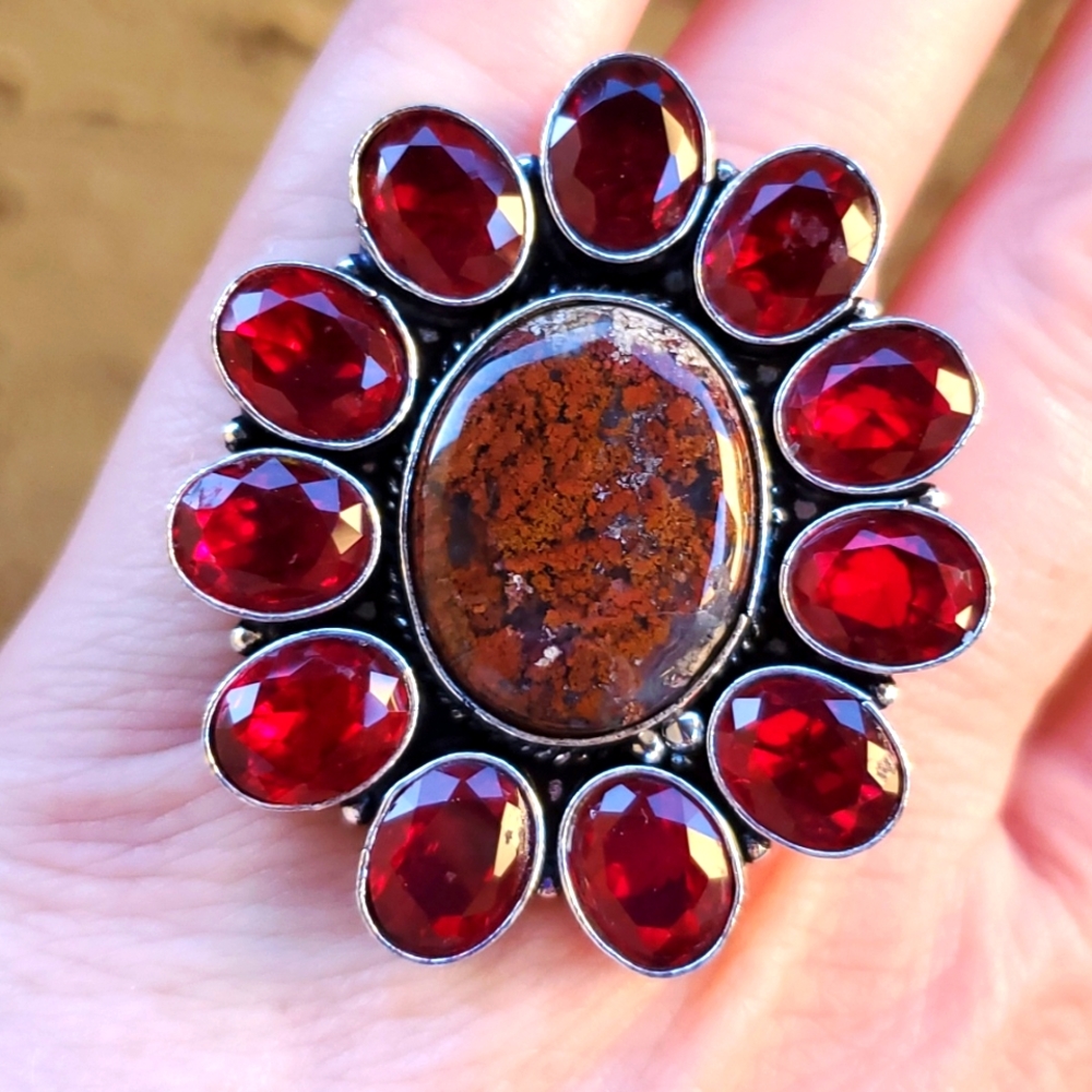 New Seam Agate and Garnet 925 Silver Statement Ring.